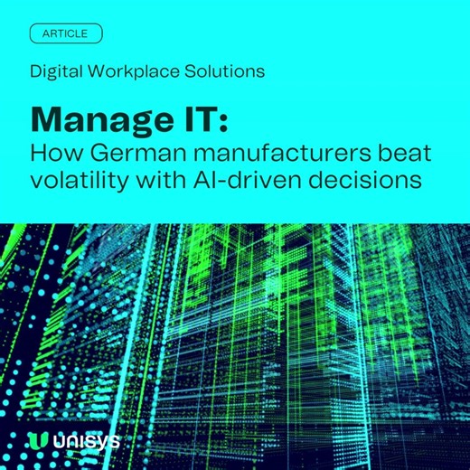 Here's what separates thriving manufacturers from struggling ones: Speed. While some companies debate AI strategy, others are already using it to adjust pricing, optimize energy use, and predict supply chain hiccups before they happen. Davoud Pourhossein, global vice president of Strategy and Innovation for Digital Workplace Solutions, explores in Manage IT how German manufacturers are winning this race: https://ow.ly/r8Tr50XS5r3 | Unisys