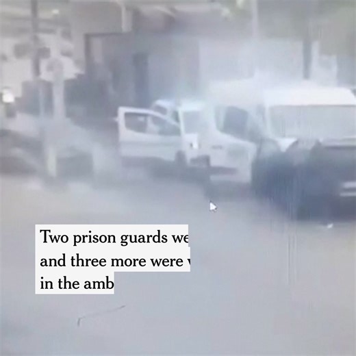 Armed assailants rammed a car into a police van carrying a prisoner as it emerged from a tollbooth northwest of Paris. Men with automatic weapons leaped from the car, encircled the van and fired on it, killing two prison guards and wounding three others. The still-handcuffed prisoner the van was transporting escaped, setting off a vast manhunt involving several hundred officers. Read more: https://nyti.ms/3wHHhCE | The New York Times