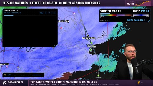 We are LIVE right now tracking a major winter storm. We have official reports of 10 inches of snow in NC and blizzard conditions on the Outer Banks. It looks like a tropical storm but with snow. Tune in to the stream immediately for the latest updates on this snow-icane. https://www.youtube.com/watch?v=N9IEha3iifs | Ryan Hall, Y'all