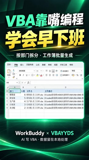 学会早下班 VBA靠嘴编程-Excel员工表按部门拆分生成全部文件