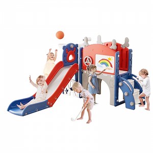 KORIMEFA 11 in 1 Toddler Slide, Kid Slide for Toddlers Age 1-3 with Golf Set, Ring Toss, Basketball Hoop, Drawing Board and Telescope, Indoor Outdoor Playset Playground, Blue Red