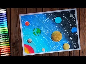 Solar system drawing with oil pastel - step by step