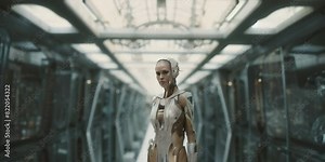 AI-generated sci-fi scene of android humanoid in white laboratory corridor, digitally created futuristic robot portrait with sterile environment and symmetrical perspective, Anamorphic 4K