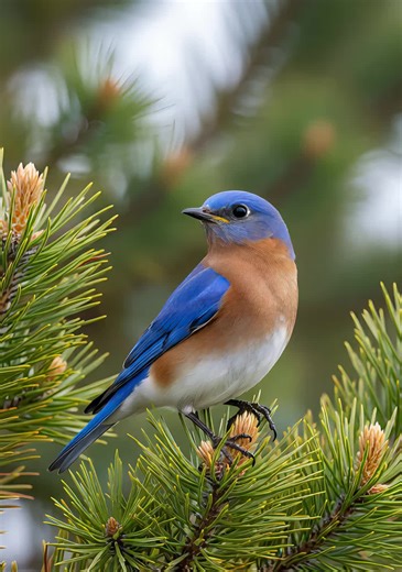 The Eastern Bluebird is one of North America’s most beloved songbirds, easily recognized by its brilliant blue back and warm reddish-orange chest. Males display the brightest colors, while females appear slightly more muted with grayish tones mixed into their blue feathers. These birds are relatively small—about 6.5 to 7 inches long—with a wingspan of roughly 9 to 12 inches. Their soft, musical calls and gentle appearance have made them a favorite among birdwatchers and nature lovers across the 