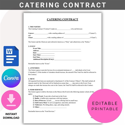 Catering Contract Template, Catering Service, Food Service Contract, Catering Business, Wedding Catering, Event Catering Contract, CANVA PDF - Etsy