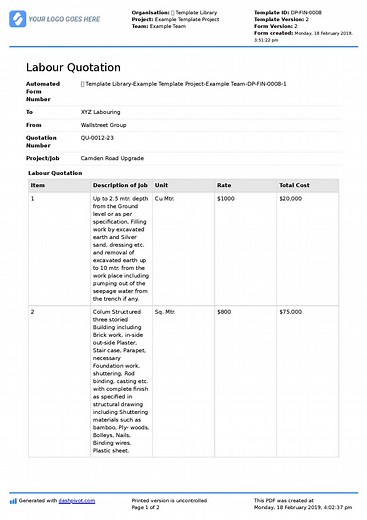 Labour Quotation for Building Construction Template: Free PDF