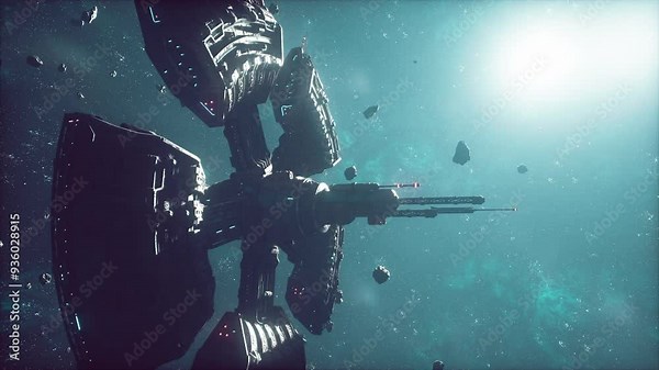 high-tech space station explores a cosmic cloud of interstellar dust and gas