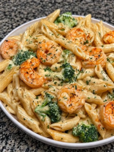 Creamy Shrimp Alfredo Penne with Broccoli Tender shrimp, fresh broccoli, and penne pasta come together in a creamy garlic-Parmesan sauce for a comforting dinner that’s simple enough for any night of the week. Ingredients 12 oz penne pasta 1 lb large shrimp, peeled and deveined 3 cups broccoli florets 1 tbsp olive oil 2 tbsp butter 4 garlic cloves, minced 1 tsp Italian seasoning ½ tsp salt ¼ tsp black pepper 1 cup heavy cream ¾ cup chicken broth 1 cup freshly grated Parmesan ½ cup shredded mozzar