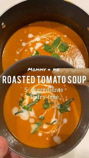 Mommy Me Roasted Tomato Soup Made with just five clean ingredients and completely dairy-free — this cozy soup is the perfect fall recipe to make together. You’ll need: 🥣 6 large tomatoes 🧅 2 onions 🧄 1 head of garlic 🌿 Fresh basil 🥥 1 can full-fat coconut milk Roast the tomatoes, onions, and garlic with olive oil, salt pepper at 400°F for 40–60 minutes until soft. Let cool slightly, then blend with basil and coconut milk until smooth. We topped ours with a drizzle of coconut milk and fresh