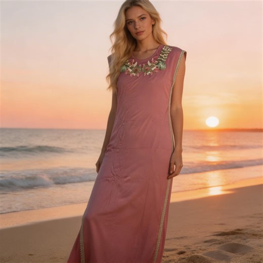 Women's boho maxi dress, embroidered pink dress, modern caftan, elegant summer dress, comfortable flowing dress, chic women's outfit