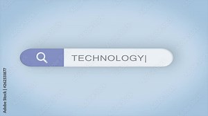 Animation of a web search. "TECHNOLOGY" Typing into Search Engine on blue background. Search bar icon animation. Web search box asking the question Stock Video
