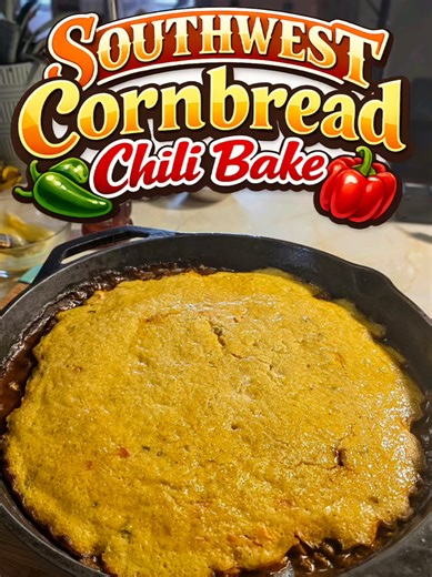This Southwest Cornbread Chili Bake is everything you want in a comfort food dinner. Savory chili, fluffy cornbread on top, melty cheese, and a honey butter finish — all made in one skillet. Perfect for weeknights, game day, or anytime you want something cozy and filling. #FYP #FoodTok #ComfortFood #EasyDinner #CastIronCooking @jiffymixes @Bush’s Beans
