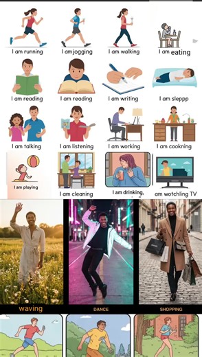 Simple action sentences using “I am verb-ing”, perfect for beginners 👇
