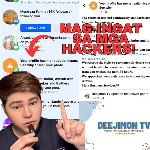 Nag-kalat ang mga FB notifications na nag-sasabi na may problem daw sa monetisation sa page ko at di lang ako ang nakaka-receive ng ganito. Mag-ingat sa mga ganitong #phishing links at wag basta basta mag-click dahil pwedeng ma-hack ang FB accounts nyo or worst, pwede din nila ma-access ang phones or laptops nyo! Ano ano nga ba ang dapat i-check para maiwasan na ma-hack ang ating accounts? #Beware #bewareofscammers #BewareofScams | Deejimon TV