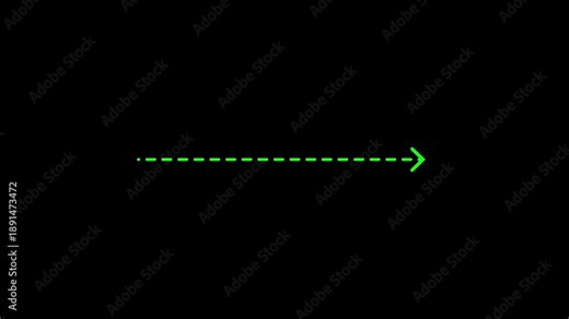 Right arrow direction icon with dotted line animation. dot right arrows icon sign animated with alpha channel. white straight arrows animation. Reveal animation of solid, dashed on Black background 4