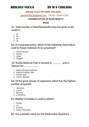 Biodiversity and conservation solved mcqs; biodiversity & importance; conservation of biodiversity;