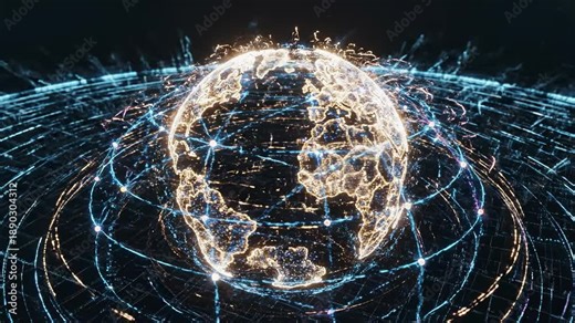 Sweeping conceptual aerial view of glowing lines and abstract nodes forming a complex global financial transaction map across a dark digital grid cyber security, digital, future