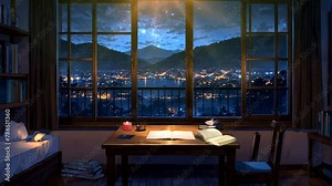 study table by the window with a view of the city at night