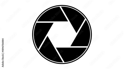 Camera aperture opening and closing icon. A detailed closeup shot of a professional camera lens aperture mechanism opening and closing revealing the intricate hexagonal diaphragm.