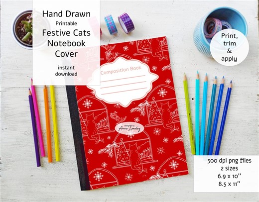 Printable Red Festive Cats Composition Notebook Cover Hand Drawn 8.5"x11" Back to School 300dpi Instant Download Png 7.5"x 10" - Etsy