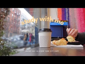 1-HOUR STUDY WITH ME IN NEW YORK CAFE | Snowy day, pomodoro study [real sound & piano music]
