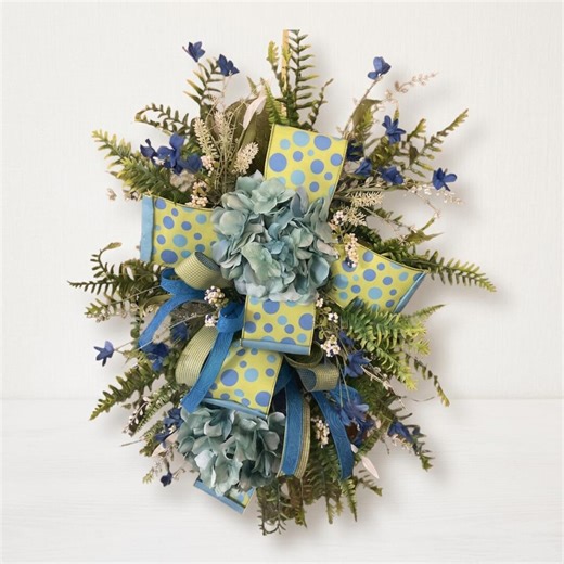 Teal Hydrangea Teardrop Swag Wreath, Whimsical Cottagecore Floral Door Swag, Spring Summer Lime Green Polka Dot Ribbon - Etsy