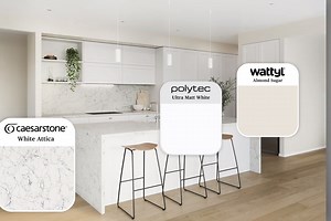 1.2K views | Exuding classical simplicity, White Attica™ is perfect for both modern and traditional kitchen designs. Pair with Wattyl Almond Sugar and polytec Ultra White Matt for a contemporary coastal palette. Stone: Caesarstone Australia Airy Concrete™ Paint: Wattyl Siren's Call Cabinetry: Polytec Casentino Beech Woodmatt | Caesarstone Australia | Facebook