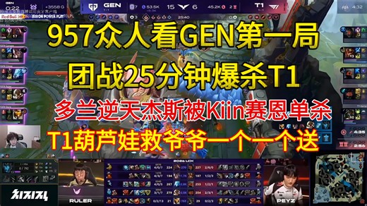 957众解说看GEN第一局团战25分钟爆杀T1:多兰杰斯乱TP太变态了，T1全队发疯了葫芦娃救爷爷一个一个送，多兰成为突破口了，Kiin赛恩肉得发昏啊！