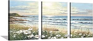Hardy Gallery Beach Painting Ocean Wall Art: Seascape Artwork Coastal Picture Beach Scene Wall Decor and Seaside Canvas Art for Bedroom Decorations 16"x12"x3panels
