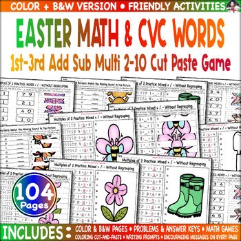 Easter Math & CVC 1st-3rd Add Sub Multi 2-10 Cut & Paste Game Color Mystery Pack