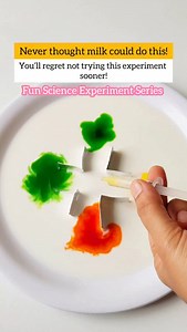MAGIC MILK SCIENCE EXPERIMENT! Here’s a fun and colorful way to teach kids about surface tension using just 3 simple kitchen items! ✅️Materials Required: 1.Milk 2.Food coloring (multiple colors) 3.Dishwashing liquid (detergent) 4.Cotton swab or earbud 5.Plate or shallow bowl 6. Aluminum foil ✅️Description: ➡️Pour milk into a shallow plate. ➡️Add drops of different food coloring around the milk. ➡️Dip a cotton swab in dishwashing liquid. ➡️Touch the swab to the center of the milk and watch the co