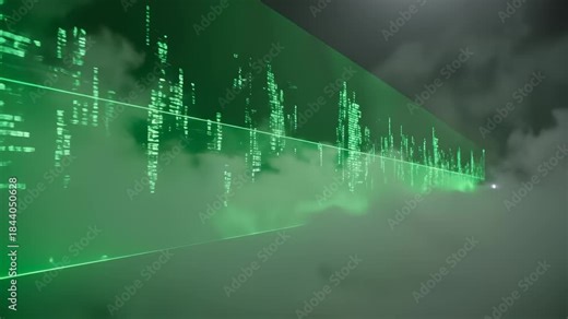 Green Laser Show Displaying Computer Code Through Foggy Environment