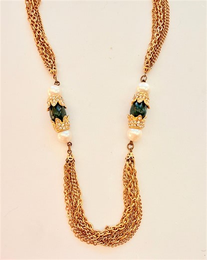 Kenneth Jay Lane Vintage 6-chain Necklace With Rhinestones, Pearls and Faux Green Gems - Etsy