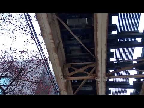 CTA brown line to Kimball and red line to howard passing over west Wrightwood Ave bridge.