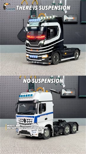 Get ready for ultra-realistic RC driving!Our 1/14 scale RC tractor truck offers two versions:with chassis suspension and without chassis suspension.They bring you completely different vibes and handling!Which one is your favorite? #rc #rctruck #machine #rccars #model | Toucanhobby