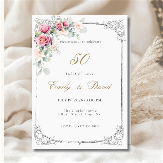 50th Anniversary Invitation Template, Vintage Rose Editable Invite, Classic Silver Wedding Evite - Etsy
