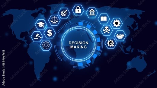 Businessman pressing a business decision making concept. Audit, risk management, security, finance and corporate governance on digital world map.