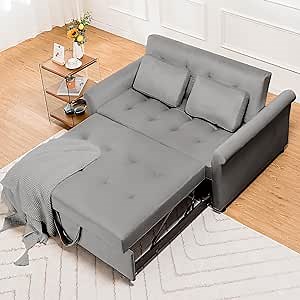 COMHOMA 55" Sleeper Sofa Bed, 3-in-1 Pull Out Couch Bed with Adjustable Backrest and Pillows, Convertible Sleeper Couch for Living Room and Office (Grey)