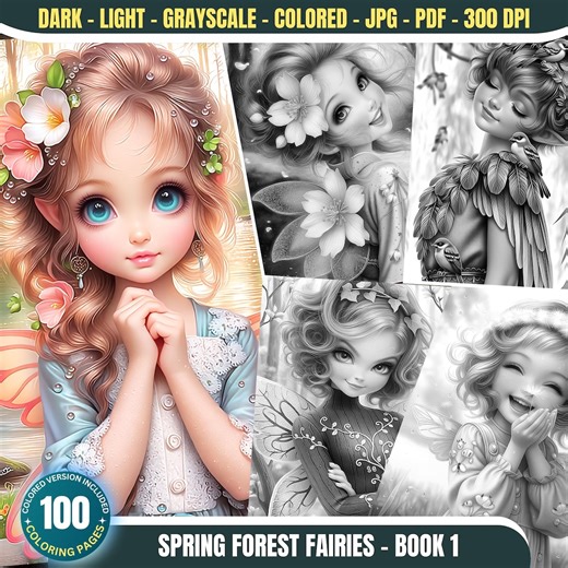 100 Spring Forest Fairies Coloring Pages, Printable Grayscale Art, Enchanted Nature & Flowers, Digital Fantasy Coloring Pages for Adults PDF - Etsy Canada