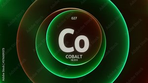 Cobalt as Element 27 of the Periodic Table. Concept animation on abstract green red gradient rings seamless loop background. Title design for science content and infographic showcase backdrop.