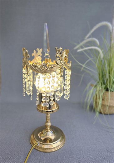 Vintage Gold-plated Candelabra Table Lamp Crystal Droplets Brass Crown Top - Etsy UK
