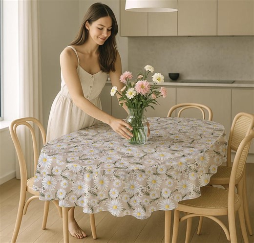 Daisy Floral Tablecloth, Beige Cotton-polyester, Water Resistant - Etsy