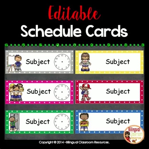 Provide your students with a visual of their day using these Editable Schedule Cards! I have included 48 editable schedule cards with or without analog clocks (text editable only). The best part is that this packet is editable so you can customize the cards for any subject area you would like! Simply click on each card and type the subject. #schedulecards #editableschedulecardsforclassroom #tarjetasdehorarios #classroommanagementelementary #classroomscheduledisplayeditable https://www.teacherspa