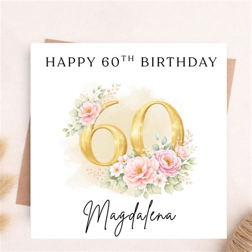 Personalized 60th Birthday Card for Her, Custom Name 60th Birthday Card, Happy 60th Birthday Card With Name, Floral Gold Milestone Birthday - Etsy