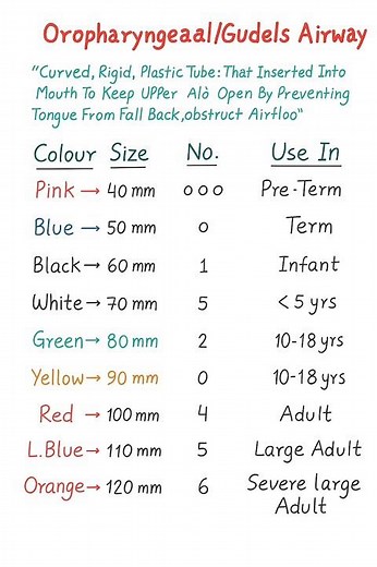 Oropharyngeal (Guedel’s) Airway – Full Color Code Chart 🎯Color & Size Chart 👉 Airway number #tricks