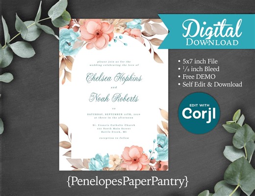 Turquoise and Coral Floral Wedding Invitation Digital Template Instant Download Editable Printable Social Media - Etsy