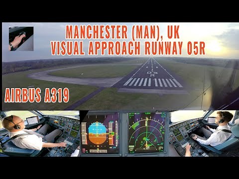 Manchester (MAN) Early Morning visual approach and landing runway 05R Airbus Cockpit and pilots view