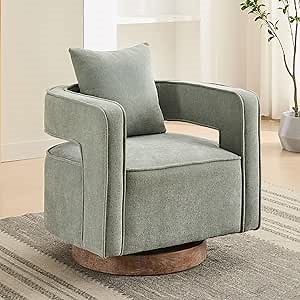 Swivel Accent Chairs for Living Room, Upholstered 360° Round Barrel Arm Chair with Open Back & Wood Base, Comfy Linen Blend Square Single Club Chair for Bedroom Office Hotel Reception (Pale Green)
