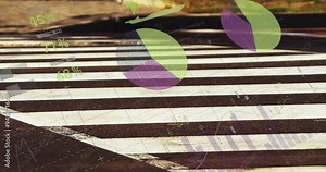 Financial data charts and graphs animation over moving vehicle on road