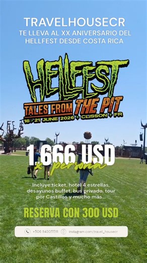 Tour al Hellfest 2026 - XX ANIVERSARIO🧟‍♂️💥 Contamos con transporte oficial autorizado por la organización, tour desde cualquier parte de LATAM 🇨🇷🇵🇦🇨🇴🇪🇨🇵🇪🇳🇮🇬🇹🇭🇳 🏷️ Precios: $1450 ❌️ AGOTADO 🏷️ Precios: $1666 ✅️ (5 cupos) 💰 Sistema de pagos a cuotas 🧾 Contamos con factura electrónica —Tour Incluye— 🎫 Entrada 4 day pass 👨‍✈️ Guía en Francia 🏨 5 noches hotel hab doble 🥪 Desayunos incluidos buffet 🌃 Tour por Nantes 🚌 Bus autorizado Nantes/Clisson/Nantes 🚍 Shuttle bus Cli